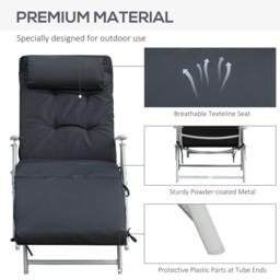 Outsunny Foldable Sun Lounger Garden Texteline Reclining Chair w/ Pillow, Adjustable Back, Thickened Cushion, Black - Aosom UK - thumbnail 7