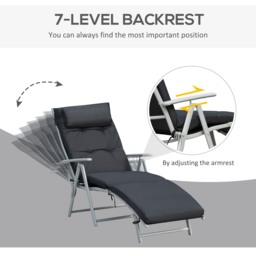 Outsunny Foldable Sun Lounger Garden Texteline Reclining Chair w/ Pillow, Adjustable Back, Thickened Cushion, Black - Aosom UK - thumbnail 4