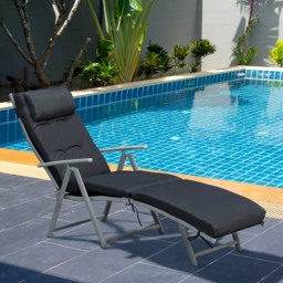 Outsunny Foldable Sun Lounger Garden Texteline Reclining Chair w/ Pillow, Adjustable Back, Thickened Cushion, Black - Aosom UK - thumbnail 2