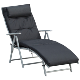 Outsunny Foldable Sun Lounger Garden Texteline Reclining Chair w/ Pillow, Adjustable Back, Thickened Cushion, Black - Aosom UK - thumbnail 1