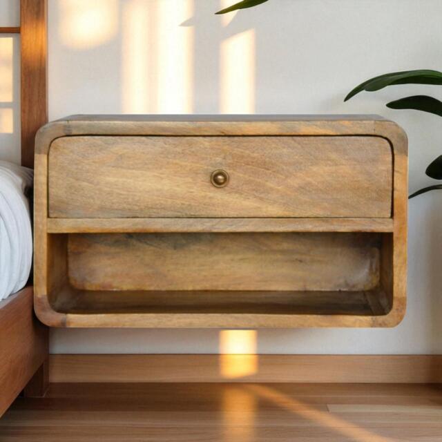 Solid Wood Floating Bedside Table with Drawer and Open Shelf, Handcrafted Desk with Clear Natural Finish, 32L x 45W x 25H cm, Brown - Aosom UK - image 1