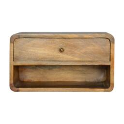 Solid Wood Floating Bedside Table with Drawer and Open Shelf, Handcrafted Desk with Clear Natural Finish, 32L x 45W x 25H cm, Brown - Aosom UK - thumbnail 2