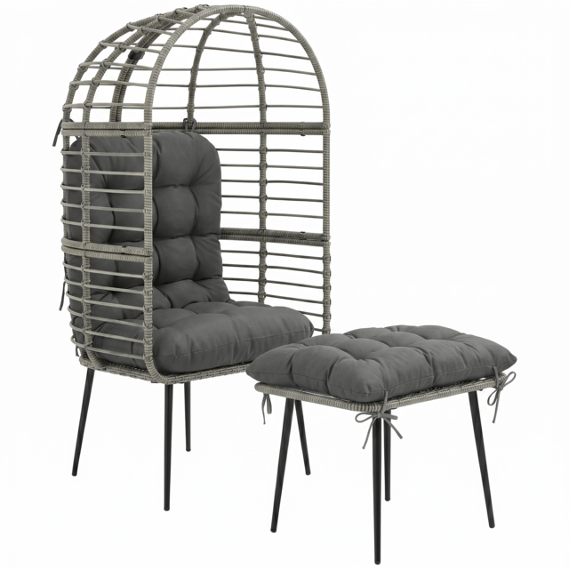 Outsunny Garden Egg Chair with Footstool, Rattan Indoor Outdoor Lounge Chair and Ottoman Set with Thick Cushions, Light Grey - image 1