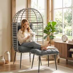 Outsunny Garden Egg Chair with Footstool, Rattan Indoor Outdoor Lounge Chair and Ottoman Set with Thick Cushions, Light Grey - thumbnail 8