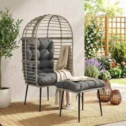 Outsunny Garden Egg Chair with Footstool, Rattan Indoor Outdoor Lounge Chair and Ottoman Set with Thick Cushions, Light Grey - thumbnail 2
