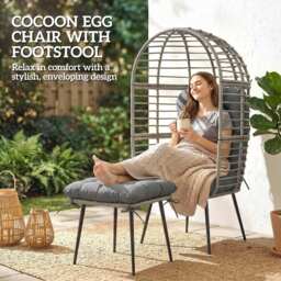 Outsunny Garden Egg Chair with Footstool, Rattan Indoor Outdoor Lounge Chair and Ottoman Set with Thick Cushions, Light Grey - thumbnail 4