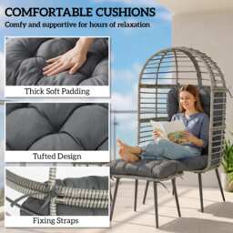 Outsunny Garden Egg Chair with Footstool, Rattan Indoor Outdoor Lounge Chair and Ottoman Set with Thick Cushions, Light Grey - thumbnail 6