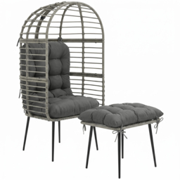 Outsunny Garden Egg Chair with Footstool, Rattan Indoor Outdoor Lounge Chair and Ottoman Set with Thick Cushions, Light Grey - thumbnail 1