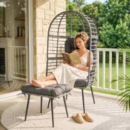 Outsunny Garden Egg Chair with Footstool, Rattan Indoor Outdoor Lounge Chair and Ottoman Set with Thick Cushions, Light Grey - thumbnail 9