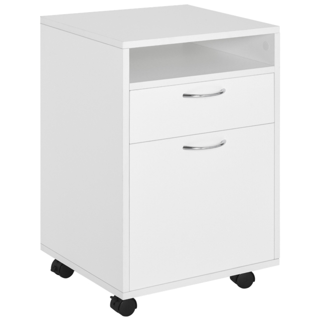 HOMCOM 60cm Storage Cabinet w/ Drawer Open Shelf Metal Handles 4 Wheels Office Home Organiser Mobile Printer White - Aosom UK - image 1