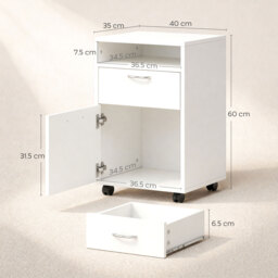 HOMCOM 60cm Storage Cabinet w/ Drawer Open Shelf Metal Handles 4 Wheels Office Home Organiser Mobile Printer White - Aosom UK - thumbnail 3