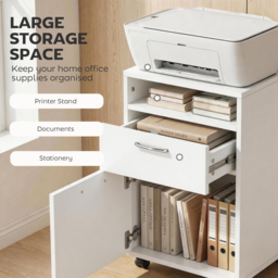 HOMCOM 60cm Storage Cabinet w/ Drawer Open Shelf Metal Handles 4 Wheels Office Home Organiser Mobile Printer White - Aosom UK - thumbnail 4