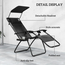 Outsunny Zero Gravity Lounger Chair, Folding Reclining Patio Chair with Shade Cover, Cup Holder, Cushion and Headrest for Poolside, Camping, Black - thumbnail 5
