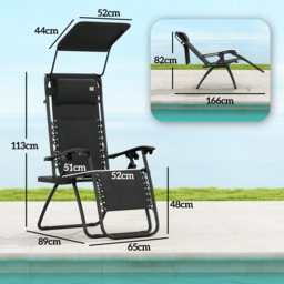 Outsunny Zero Gravity Lounger Chair, Folding Reclining Patio Chair with Shade Cover, Cup Holder, Cushion and Headrest for Poolside, Camping, Black - thumbnail 3