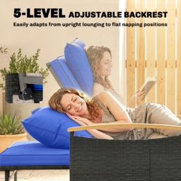 Outsunny Double Garden Rattan Daybed, Wicker Sun Bed Chaise Lounger with Storage Ottoman, 4-Level Adjustable Backrest, Brown - thumbnail 5