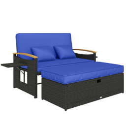 Outsunny Double Garden Rattan Daybed, Wicker Sun Bed Chaise Lounger with Storage Ottoman, 4-Level Adjustable Backrest, Brown - thumbnail 1
