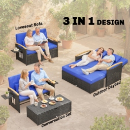 Outsunny Double Garden Rattan Daybed, Wicker Sun Bed Chaise Lounger with Storage Ottoman, 4-Level Adjustable Backrest, Brown - thumbnail 4