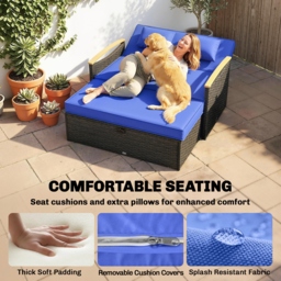 Outsunny Double Garden Rattan Daybed, Wicker Sun Bed Chaise Lounger with Storage Ottoman, 4-Level Adjustable Backrest, Brown - thumbnail 6