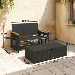 Outsunny Double Garden Rattan Daybed, Wicker Sun Bed Chaise Lounger with Storage Ottoman, 4-Level Adjustable Backrest, Brown - thumbnail 3