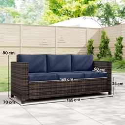 Outsunny 3 Seater Rattan Sofa All-Weather Wicker Weave Metal Frame Chair with Fire Resistant Cushio-Dark Blue - thumbnail 3