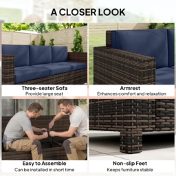 Outsunny 3 Seater Rattan Sofa All-Weather Wicker Weave Metal Frame Chair with Fire Resistant Cushio-Dark Blue - thumbnail 6