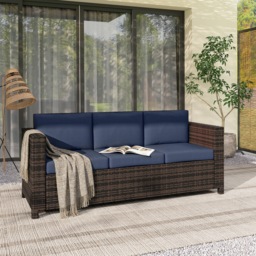 Outsunny 3 Seater Rattan Sofa All-Weather Wicker Weave Metal Frame Chair with Fire Resistant Cushio-Dark Blue - thumbnail 7