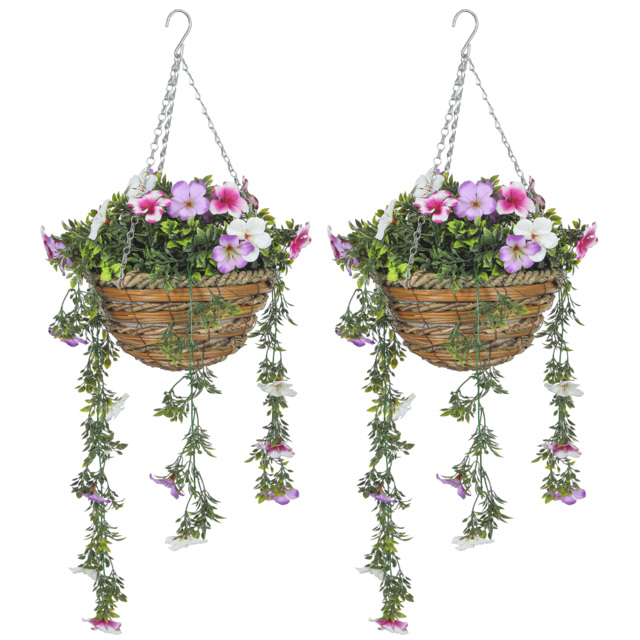 HOMCOM Set of 2 Decorative Artificial Plants, Faux Silk Azalea Flowers in Hanging Baskets, Fake Plants for Home Indoor Outdoor Decor, Pink and White - image 1