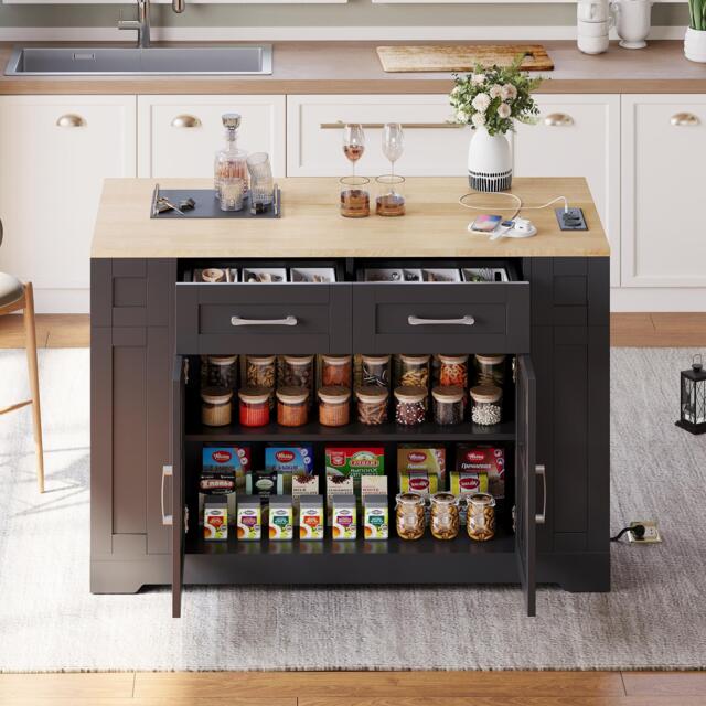 Mobile Kitchen Island with Foldable Tabletop and Sockets, Storage Buffet with Adjustable Shelves, 120L x 65W x 92H cm, Black+Natural - Aosom UK - image 1