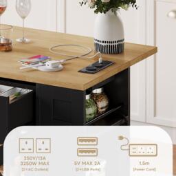 Mobile Kitchen Island with Foldable Tabletop and Sockets, Storage Buffet with Adjustable Shelves, 120L x 65W x 92H cm, Black+Natural - Aosom UK - thumbnail 7
