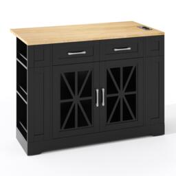 Mobile Kitchen Island with Foldable Tabletop and Sockets, Storage Buffet with Adjustable Shelves, 120L x 65W x 92H cm, Black+Natural - Aosom UK - thumbnail 2