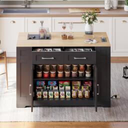 Mobile Kitchen Island with Foldable Tabletop and Sockets, Storage Buffet with Adjustable Shelves, 120L x 65W x 92H cm, Black+Natural - Aosom UK