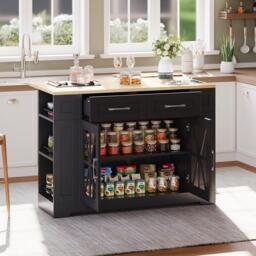 Mobile Kitchen Island with Foldable Tabletop and Sockets, Storage Buffet with Adjustable Shelves, 120L x 65W x 92H cm, Black+Natural - Aosom UK - thumbnail 9