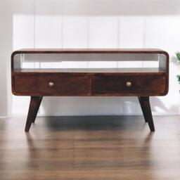 Solid Mango Wood Curved Media Unit with 2 Drawers and Open Shelf, Eco-Conscious TV Unit with Lemon Scent, 35L x 90W x 47H cm, Brown - Aosom UK