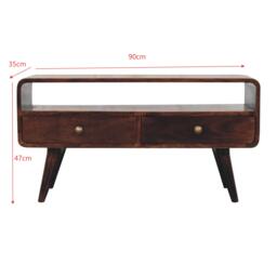 Solid Mango Wood Curved Media Unit with 2 Drawers and Open Shelf, Eco-Conscious TV Unit with Lemon Scent, 35L x 90W x 47H cm, Brown - Aosom UK - thumbnail 3