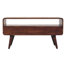 Solid Mango Wood Curved Media Unit with 2 Drawers and Open Shelf, Eco-Conscious TV Unit with Lemon Scent, 35L x 90W x 47H cm, Brown - Aosom UK - thumbnail 9