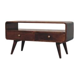 Solid Mango Wood Curved Media Unit with 2 Drawers and Open Shelf, Eco-Conscious TV Unit with Lemon Scent, 35L x 90W x 47H cm, Brown - Aosom UK - thumbnail 7