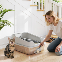 PawHut XL Stainless Steel Cat Litter Box with High Sides, Metal Scoop, 60 x 40 x 30 cm - thumbnail 2