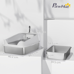 PawHut XL Stainless Steel Cat Litter Box with High Sides, Metal Scoop, 60 x 40 x 30 cm - thumbnail 3