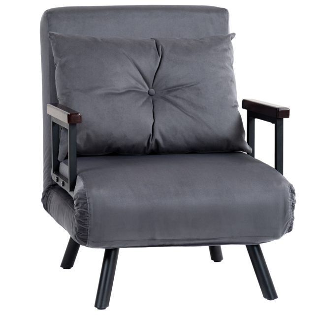 HOMCOM 4-in-1 Velvet-Feel Single Chair Bed, with Pillow - Charcoal Grey - Aosom UK - image 1