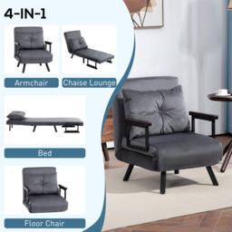 HOMCOM 4-in-1 Velvet-Feel Single Chair Bed, with Pillow - Charcoal Grey - Aosom UK - thumbnail 4