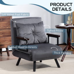 HOMCOM 4-in-1 Velvet-Feel Single Chair Bed, with Pillow - Charcoal Grey - Aosom UK - thumbnail 6