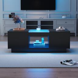 Modern 2-Tier Design Coffee Table with App-Controlled LED Lights and 2 Drawers, Cocktail Table with Storage, 100L x 50W x 35.5H cm, Black - Aosom.UK