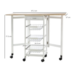 HOMCOM Drop-Leaf Kitchen Trolley w/ 3 Baskets Drawer Surface Top 6 Wheels Rolling Storage Unit Kitchen Home Dining Cart White Oak Tone - Aosom UK - thumbnail 3
