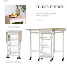 HOMCOM Drop-Leaf Kitchen Trolley w/ 3 Baskets Drawer Surface Top 6 Wheels Rolling Storage Unit Kitchen Home Dining Cart White Oak Tone - Aosom UK - thumbnail 4