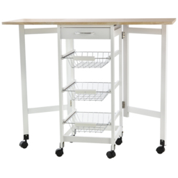 HOMCOM Drop-Leaf Kitchen Trolley w/ 3 Baskets Drawer Surface Top 6 Wheels Rolling Storage Unit Kitchen Home Dining Cart White Oak Tone - Aosom UK
