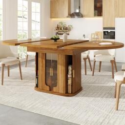 Extendable Dining Table with Hidden Storage and Glass Doors, Round Kitchen Table for 6 People, 118-158L x 118W x 77H cm, Walnut - Aosom UK - thumbnail 1