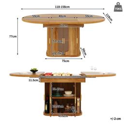 Extendable Dining Table with Hidden Storage and Glass Doors, Round Kitchen Table for 6 People, 118-158L x 118W x 77H cm, Walnut - Aosom UK - thumbnail 3
