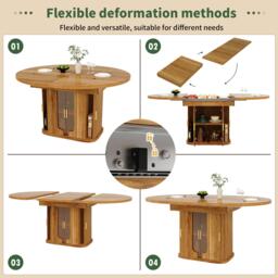 Extendable Dining Table with Hidden Storage and Glass Doors, Round Kitchen Table for 6 People, 118-158L x 118W x 77H cm, Walnut - Aosom UK - thumbnail 6