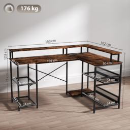 HOMCOM L Shaped Gaming Desk with LED Lights and Power Outlets, 150cm Corner Computer Desk with Monitor Stand and Storage Shelves, Rustic Brown - thumbnail 3