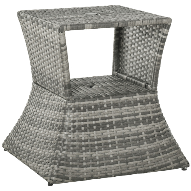 Outsunny Outdoor Patio Rattan Wicker Coffee Table Bistro Side Table w/ Umbrella Hole and Storage Space, Grey - image 1